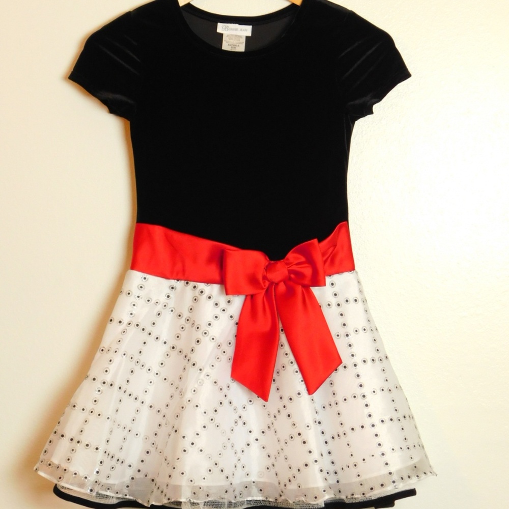 Bonnie Jean Velvet Organza Dress‎ Black White Siz 8